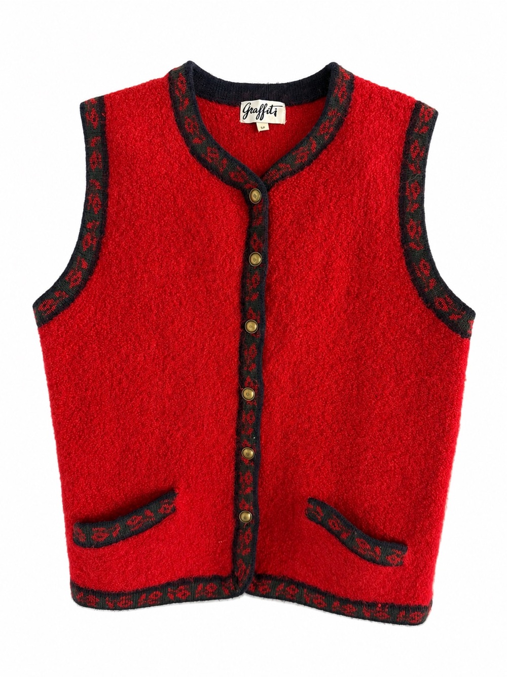 Vintage Graffiti Red Wool Button Up Vest Gilet Size S